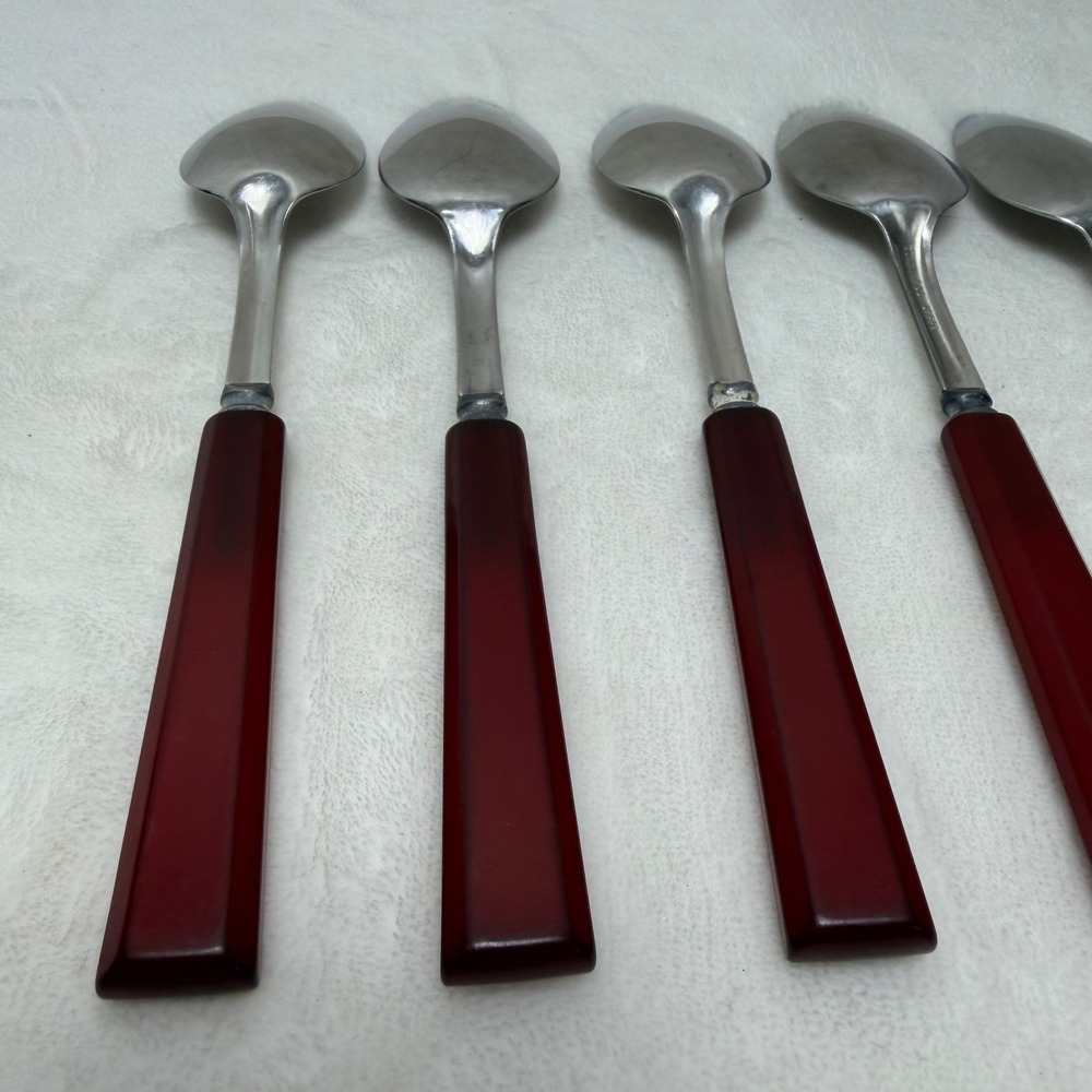 VTG Red Bakelite Handle Stainless Steel Spoons Set of 5 Mid-Century Art Deco - Picture 9 of 14